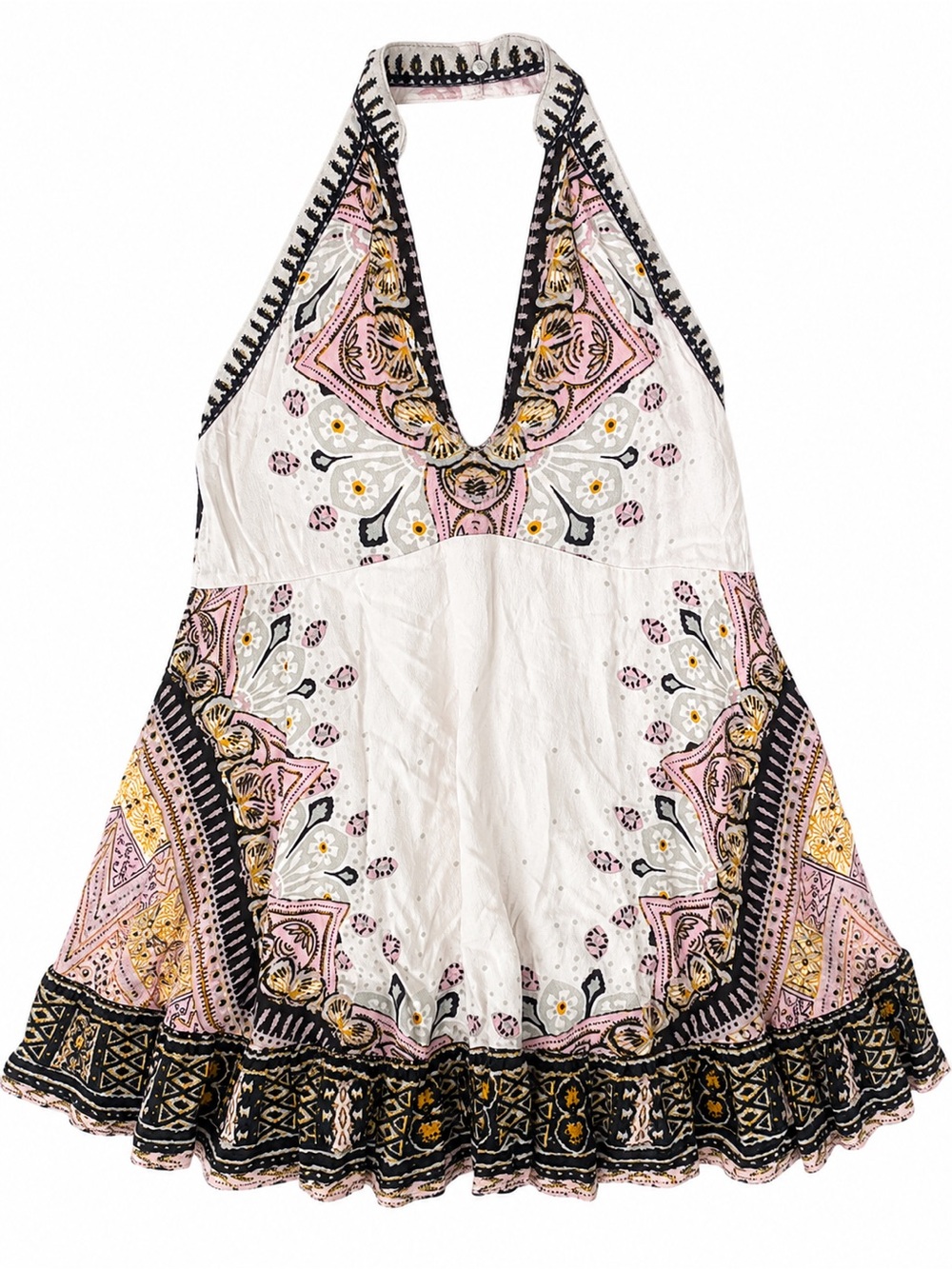 Free People Boho Halter Tunic Top XS Paisley Border Bohemian Festival Peplum